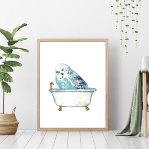 Perruche prenant bain Peinture Affiche murale Aquarelle Art Décor Imprimer Dessin salle de bain Perruche Perruche bleue oiseau salle deau pet perroquet image 2