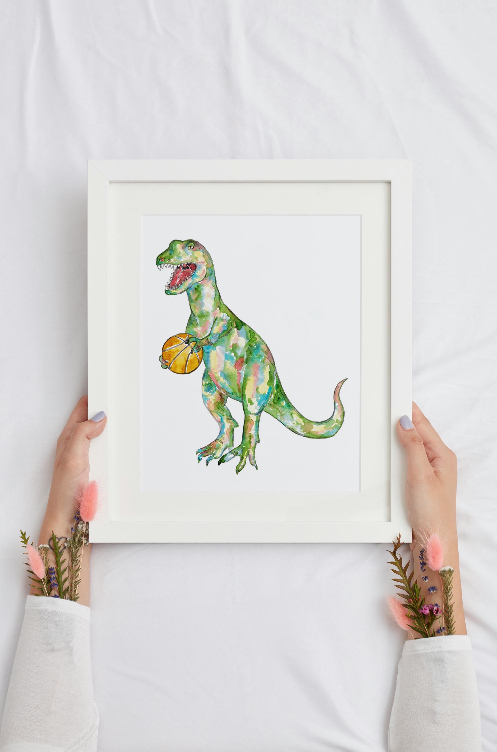 T-rex Basketball Dinosaur Painting Watercolour Dino Trex Wall Art Rainbow  Watercolor Steam Punk Illustration Print Nursery Ball Game Player - Etsy
