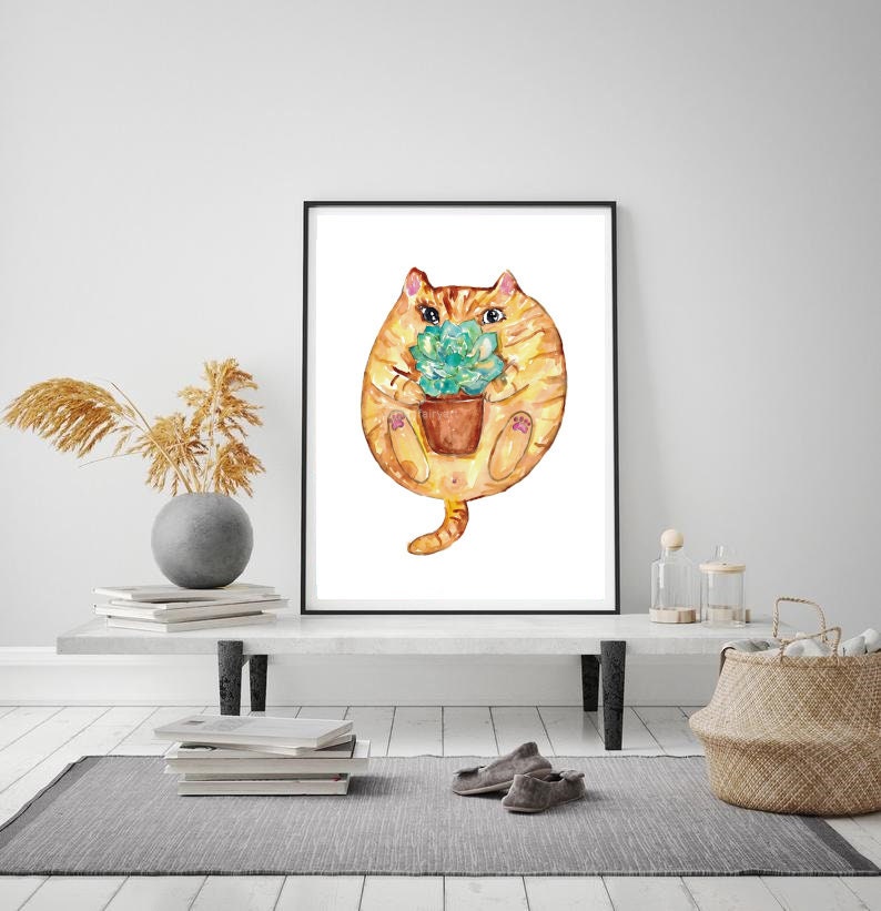 Succulent Flower Pot Cat Peeking Painting Wall Poster Watercolor Art ...