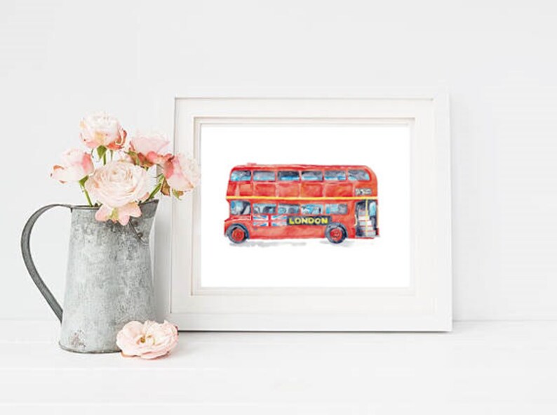 Double-decker Bus London print Red Kids room wall decor painting watercolour ink Art Illustration boy girl car vehicle Nursery Double Decker