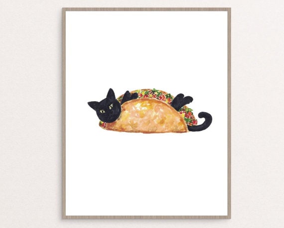 タコス猫の絵画キッチン壁ポスター水彩アートレストラン装飾プリント