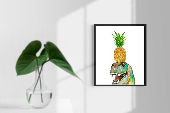 T-rex Pineapple Dinosaur Painting Watercolour Dino Trex Green Wall