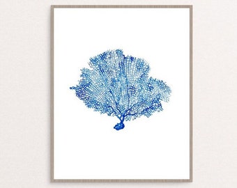 Coral watercolor painting print art botanical illustration, Sea art, sea life nautical ocean wall poster decor modern nursery blue seaweed