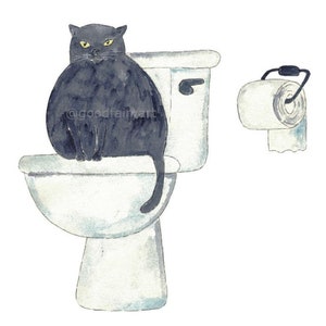Set of 3 Black Cat Toilet Painting Wall Poster Watercolor Art Decor ...