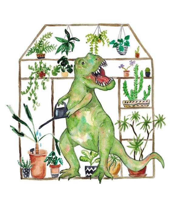 T-rex Gardening Dinosaur Painting Watercolour Dino Trex Garden