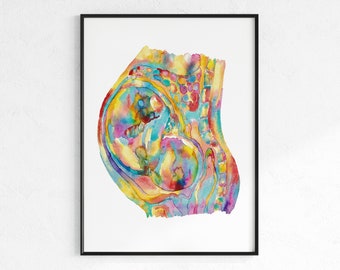 Embarazo arte impresión mujer con niño acuarela mujer embarazada arte médico cartel ginecología partería impresión obstetricia OBGYN arte de pared