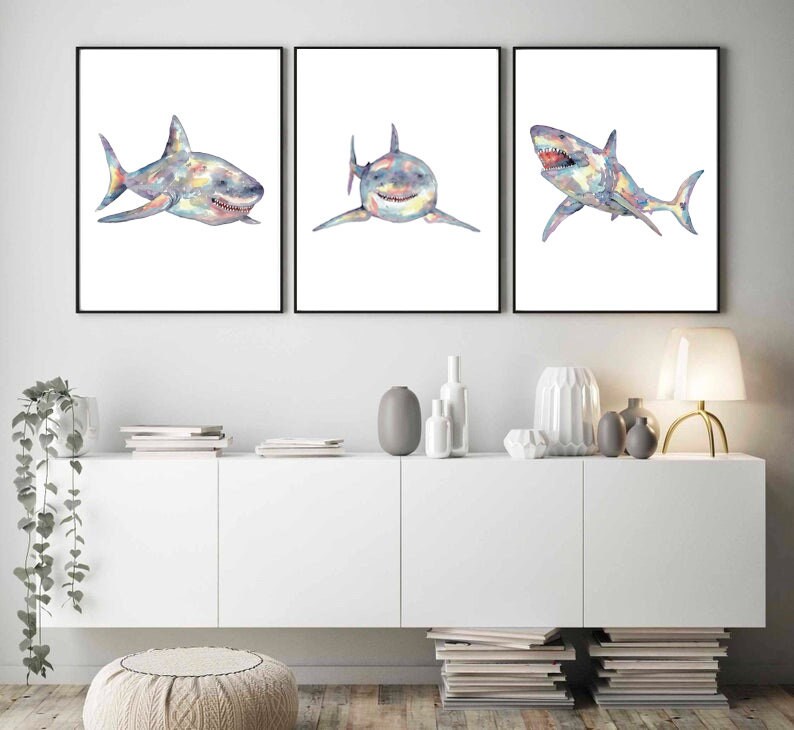 Set of 3 shark watercolor painting print art whale fish animal illustration sea life whale nautical ocean coastal wall poster decor modern