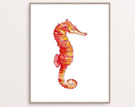 Seahorse watercolor painting print nature sea ocean colorful animal wall art animal poster canvas illustration