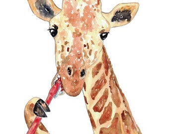 キリン歯磨きバス水彩画プリントアートバスルーム洗面所歯ブラシ