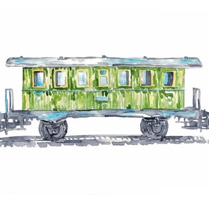 Green Vagon Train locomotora impresión Niños habitación decoración de la pared pintura acuarela Ferrocarril Arte Ilustración niño vehículo Guardería transporte imagen 5
