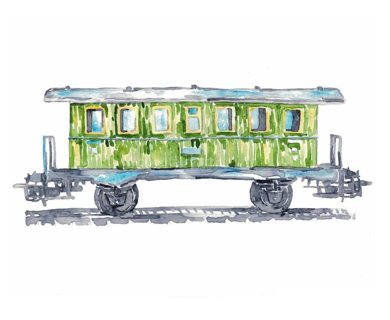 Green Vagon Train locomotora impresión Niños habitación decoración de la pared pintura acuarela Ferrocarril Arte Ilustración niño vehículo Guardería transporte imagen 5