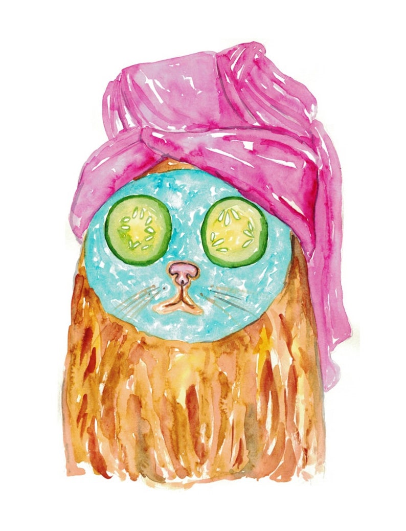 SPA Cat Tabby Painting Wall Poster Watercolor Art Towel Decor Print Pet ...