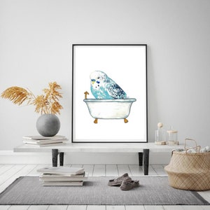 Perruche prenant bain Peinture Affiche murale Aquarelle Art Décor Imprimer Dessin salle de bain Perruche Perruche bleue oiseau salle deau pet perroquet image 3