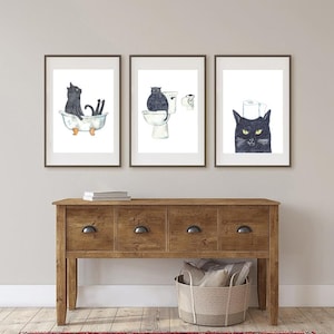 Set of 3 Black Cat Toilet Painting Wall Poster Watercolor Art Decor ...