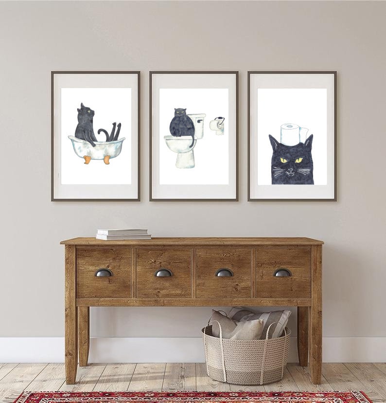 Set of 3 Black Cat Toilet Painting Wall Poster Watercolor Art Decor ...
