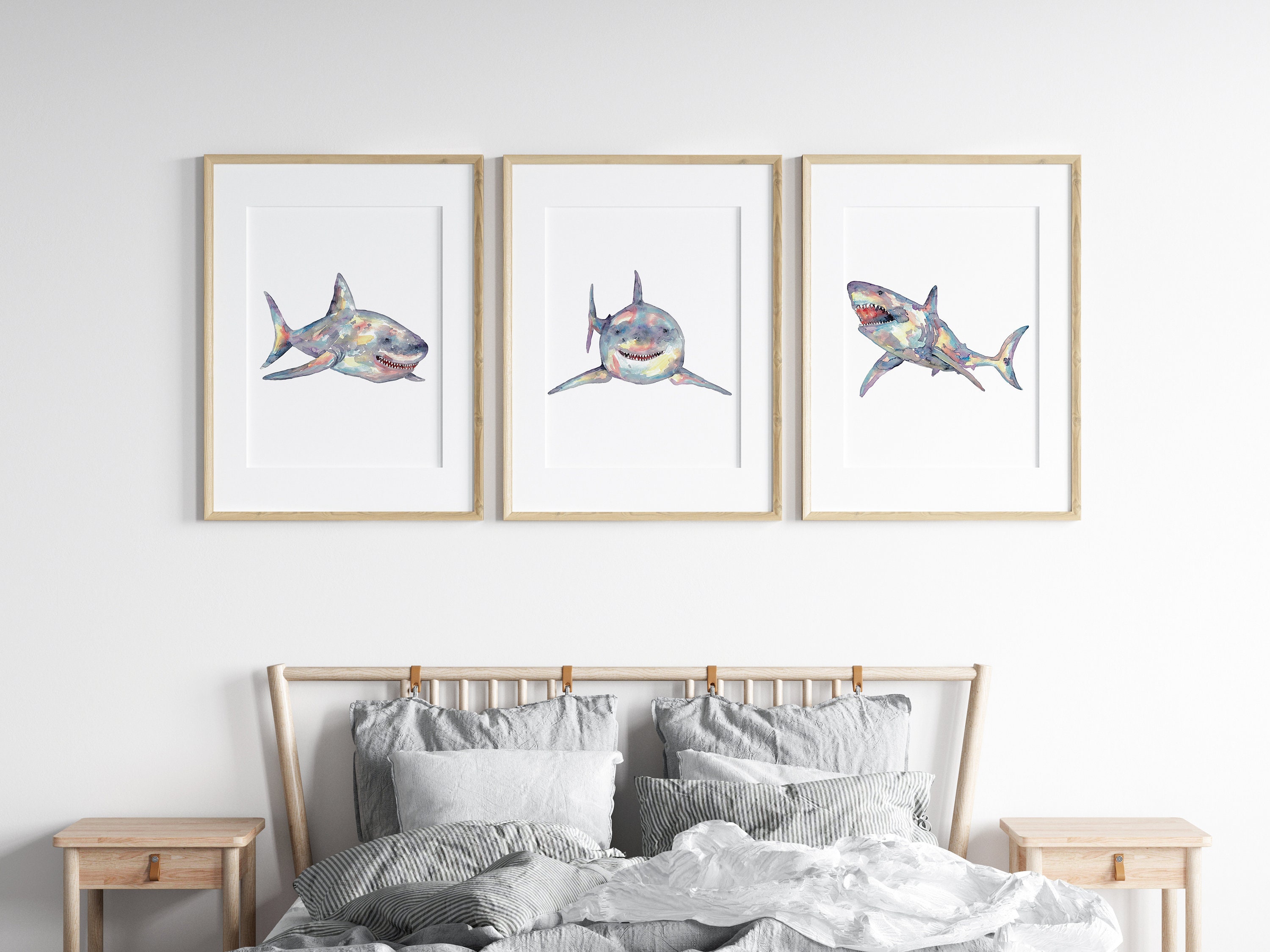 Set of 3 Shark Watercolor Painting Print Art Whale Fish Animal ...