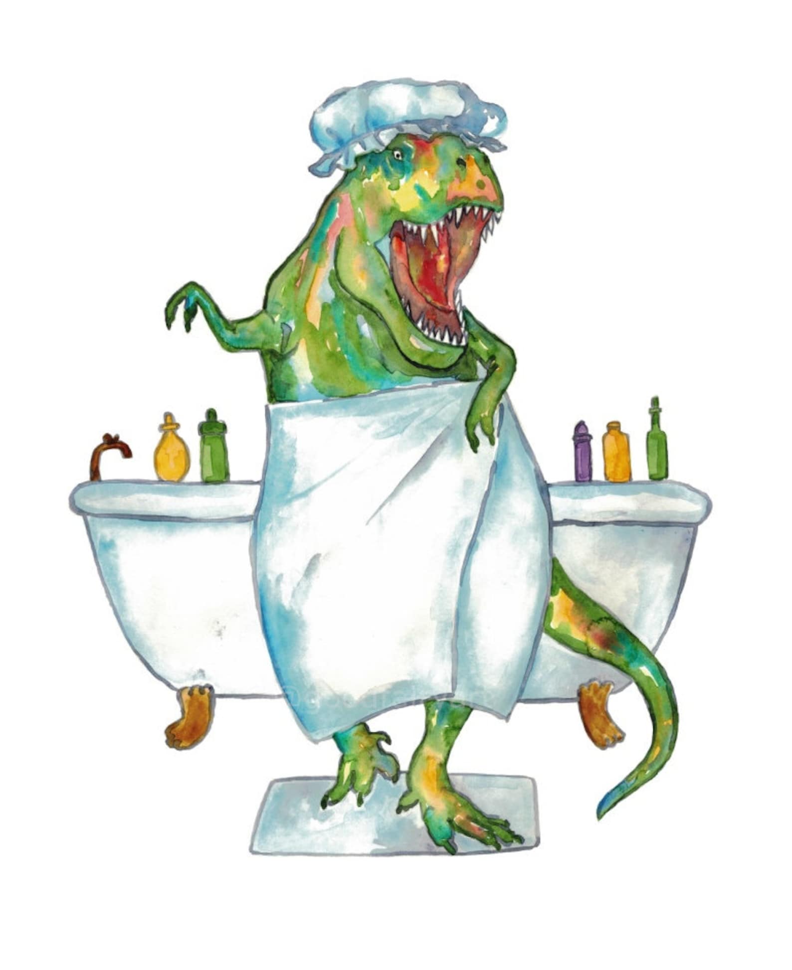Trex taking bath dinosaur painting watercolour dino trex Etsy