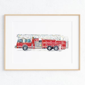 Camión de bomberos impresión camión de bomberos Niños habitación decoración de la pared pintura acuarela bombero rojo Arte Ilustración niño niña vehículo de coche Rescate de guardería
