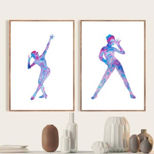 Set of 2 jazz dance art print watercolor painting gift drawing dancer silhouette woman gymnastics