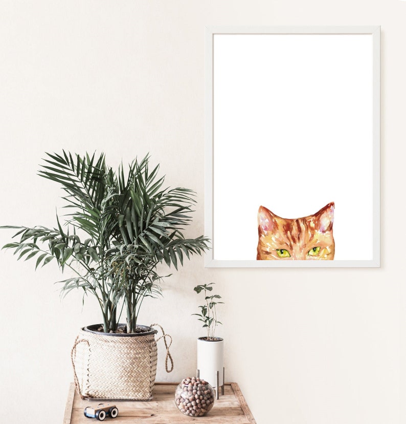 Orange Cat Peeking Painting Wall Poster Watercolor Art Colorful Stripe ...