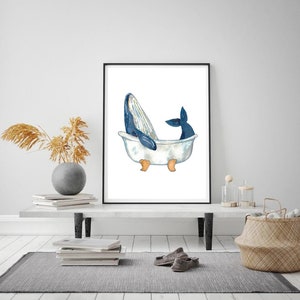 Humpback whale taking bath watercolor painting print art bathroom room washroom Sea life nautical ocean wall poster decor modern image 2