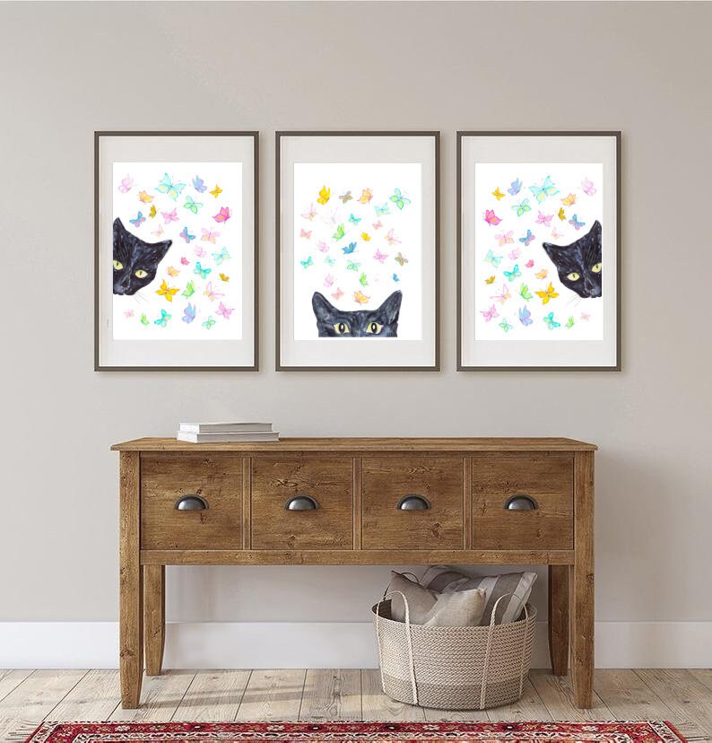 Set of 3 Black Cat Butterfly Peeking Painting Wall Poster - Etsy Canada