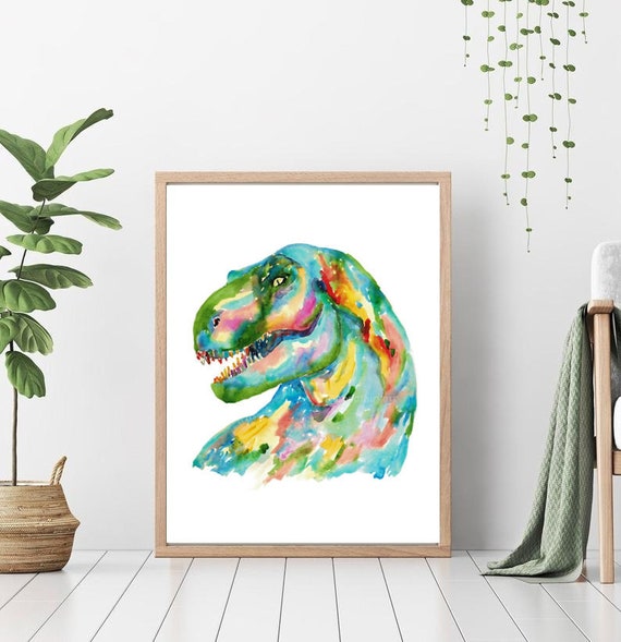 T-レックス恐竜絵画水彩ディノトレックス虹色グリーンウォールアート