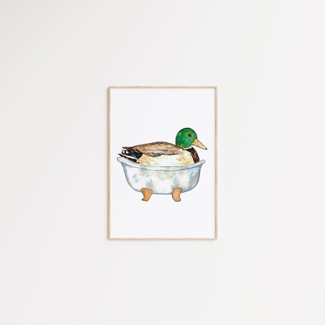 Duck Taking Bath Watercolor Painting Print Art Bathroom Room Washroom ...