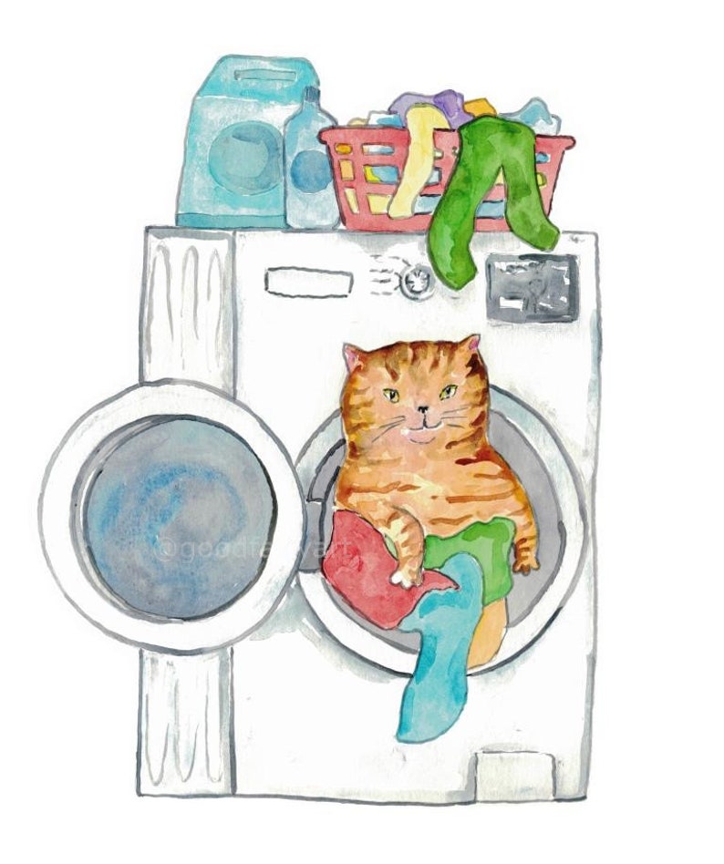 Cat Doing Laundry Painting Wall Poster Watercolor Art Decor - Etsy