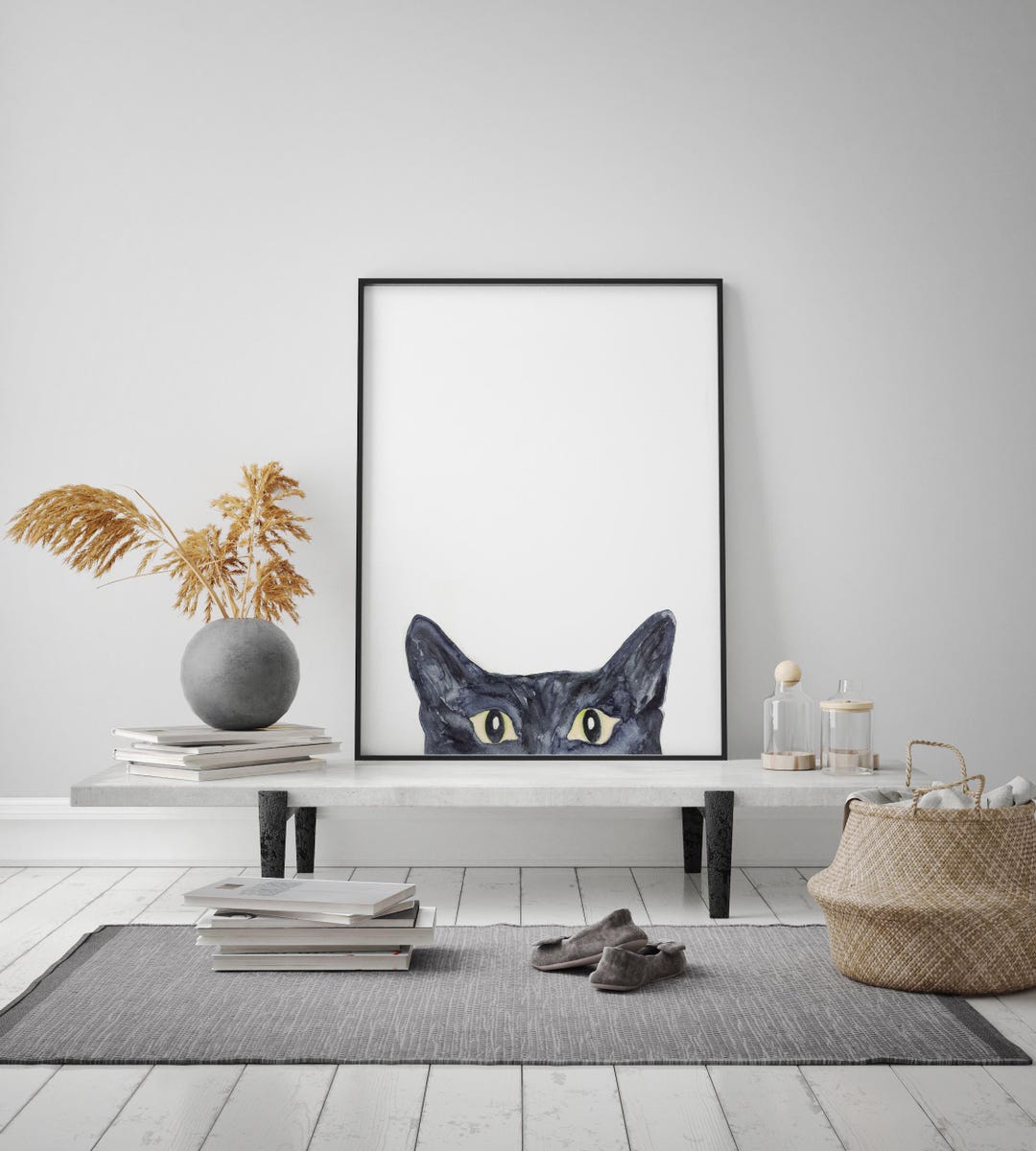 Black Cat Peeking Painting Wall Poster Watercolor Art Colorful Stripe ...