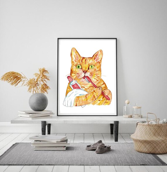 オレンジ猫歯磨き歯絵画壁ポスター水彩アート装飾プリントペット描画