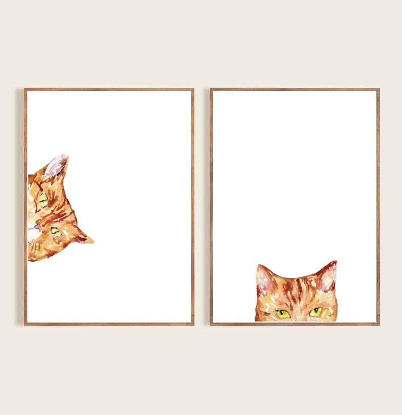 Set of 2 Orange Cat Peeking Painting Wall Poster Watercolor Art ...