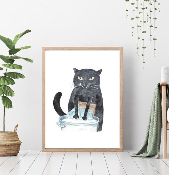 Cat Doing Laundry Painting Wall Poster Watercolor Art Decor - Etsy