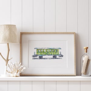 Green Vagon Train locomotora impresión Niños habitación decoración de la pared pintura acuarela Ferrocarril Arte Ilustración niño vehículo Guardería transporte imagen 4