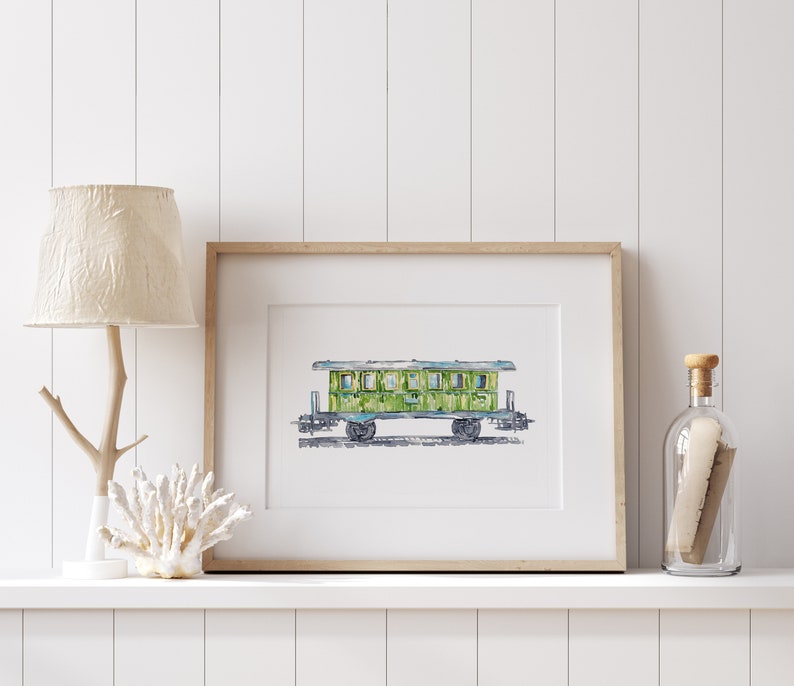 Green Vagon Train locomotora impresión Niños habitación decoración de la pared pintura acuarela Ferrocarril Arte Ilustración niño vehículo Guardería transporte imagen 4