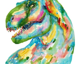 T-レックス恐竜絵画水彩ディノトレックス虹色グリーンウォール