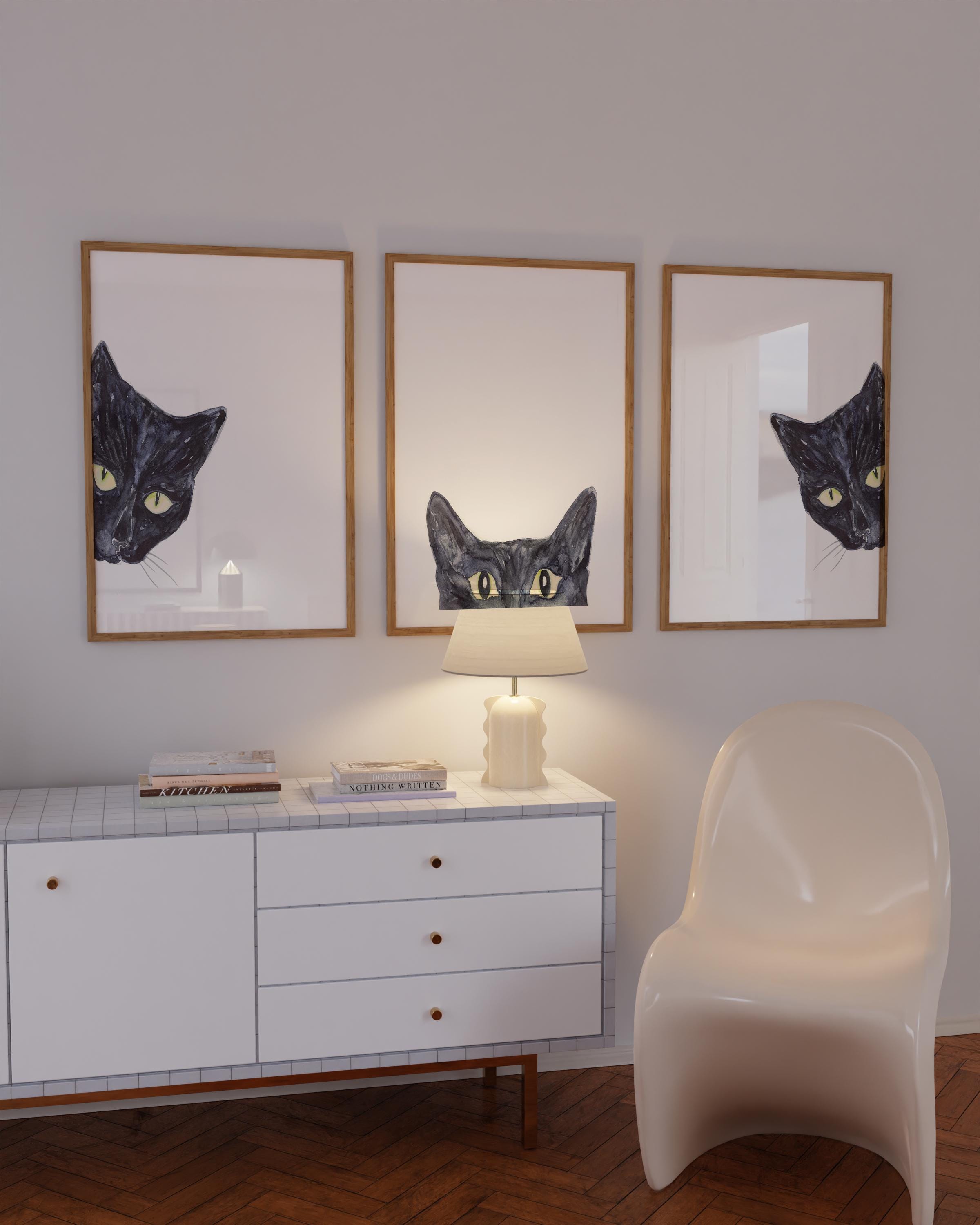 Set of 3 Black Cat Peeking Painting Wall Poster Watercolor Art Colorful ...