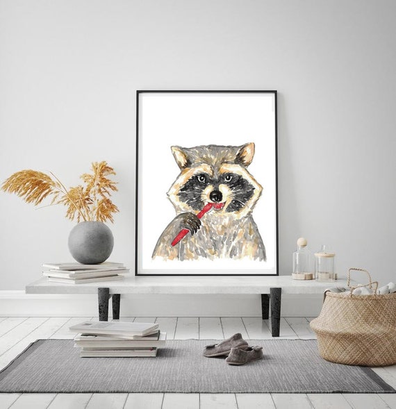 アライグマ歯磨きバス水彩画プリントアートバスルーム洗面所