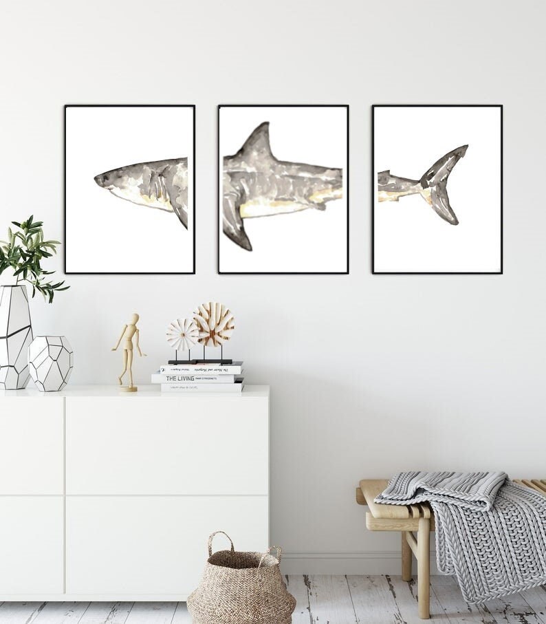 Set of 3 Shark Watercolor Painting Print Art Whale Fish Animal ...