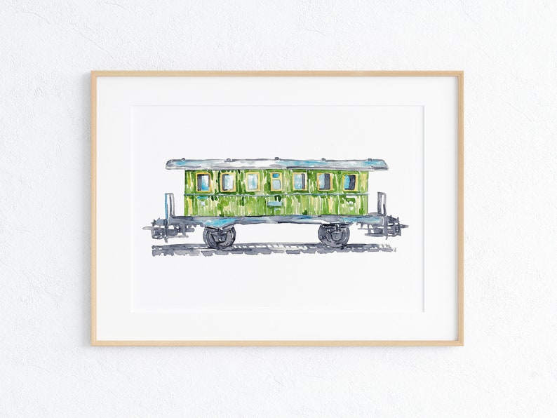 Green Vagon Train locomotora impresión Niños habitación decoración de la pared pintura acuarela Ferrocarril Arte Ilustración niño vehículo Guardería transporte imagen 1