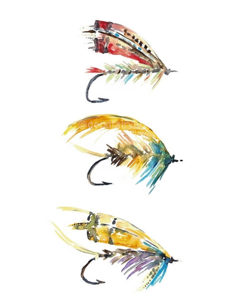 Set of 2 Fly Fishing Lure Watercolor Painting Print Art Animal