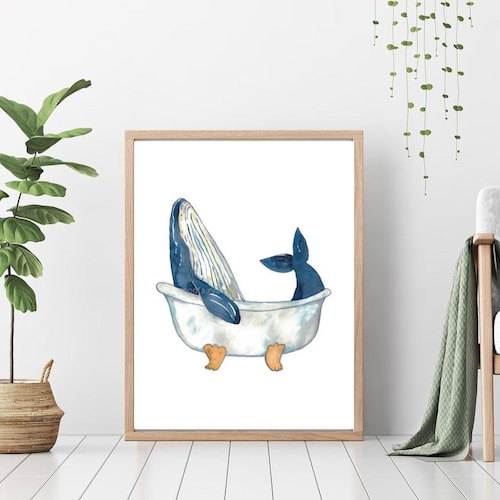 Whale Brushing Teeth Bath Watercolor Painting Print Art Etsy