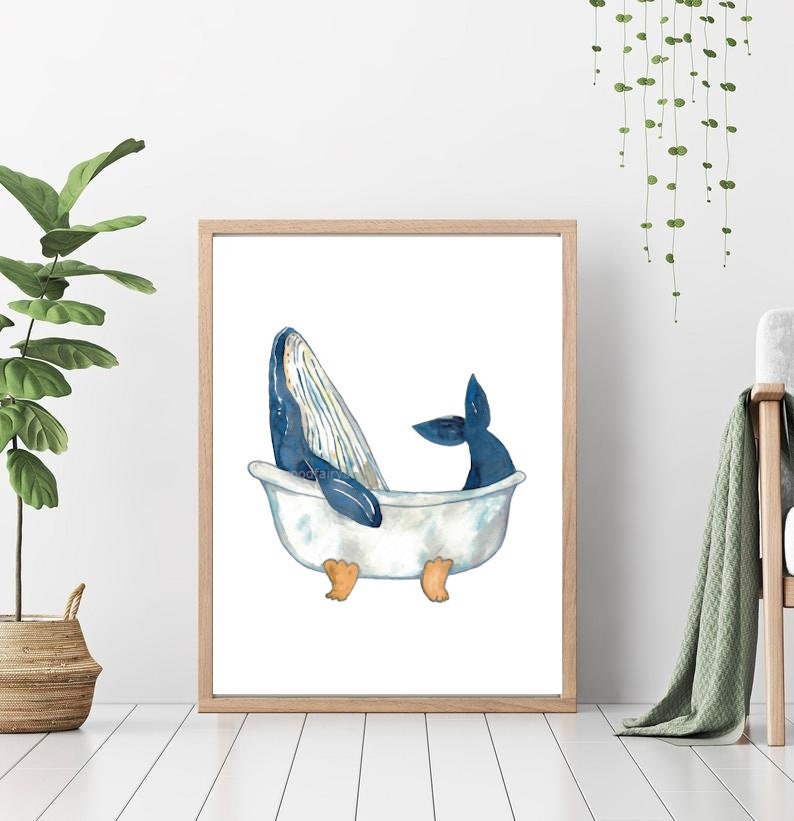 Bultrug walvis die bad aquarel schilderij print kunst badkamer badkamer wasruimte Zee leven nautische oceaan muur poster decor modern afbeelding 1