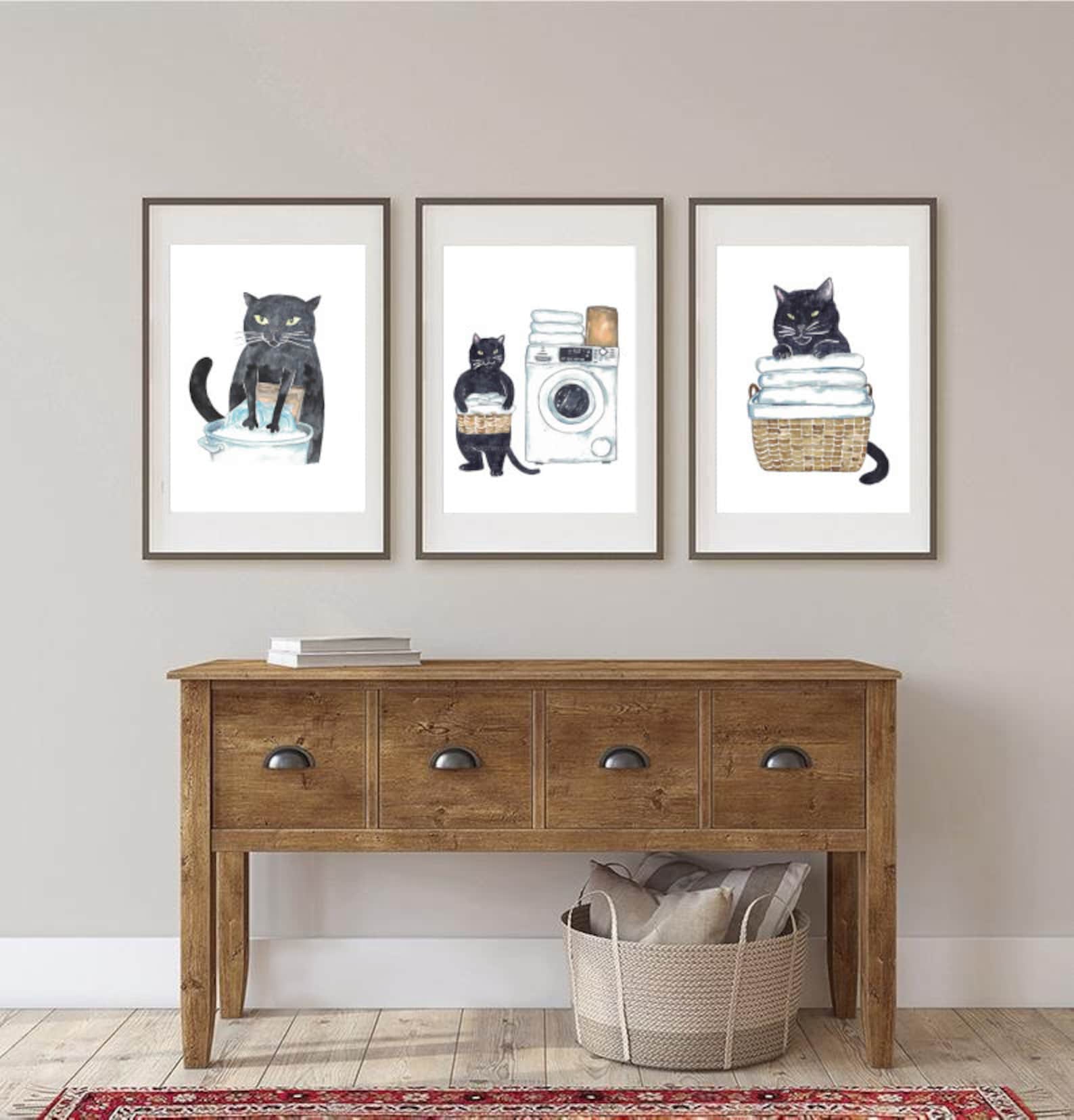 Set of 3 Black Cat Laundry Painting Wall Poster Watercolor Art Decor ...