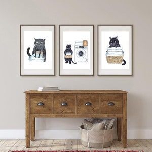 Set of 3 Black Cat Laundry Painting Wall Poster Watercolor Art Decor ...