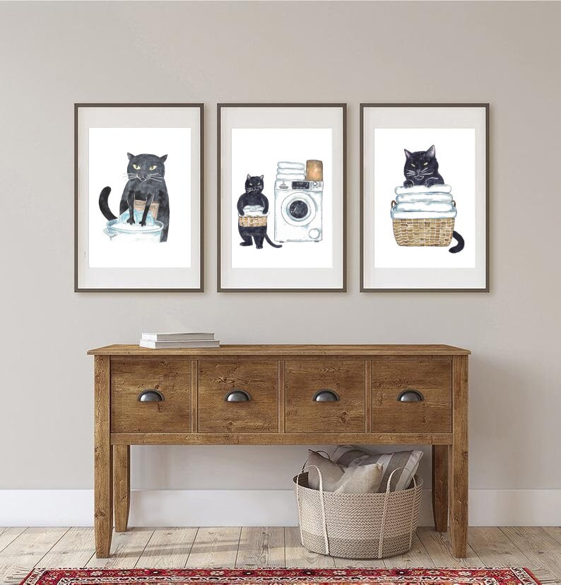 Set of 3 Black Cat Laundry Painting Wall Poster Watercolor Art Decor ...