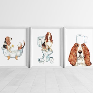 Set van 3 Basset Hound hondentoilet Schilderij Muurposter Aquarel Kunstdruk Huisdier badkamer optreden grappige badkamer bad badkuip wasruimte