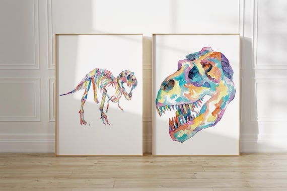 T-レックス恐竜絵画 水彩画 恐竜 トレックス 骨 スケルトン 頭蓋骨