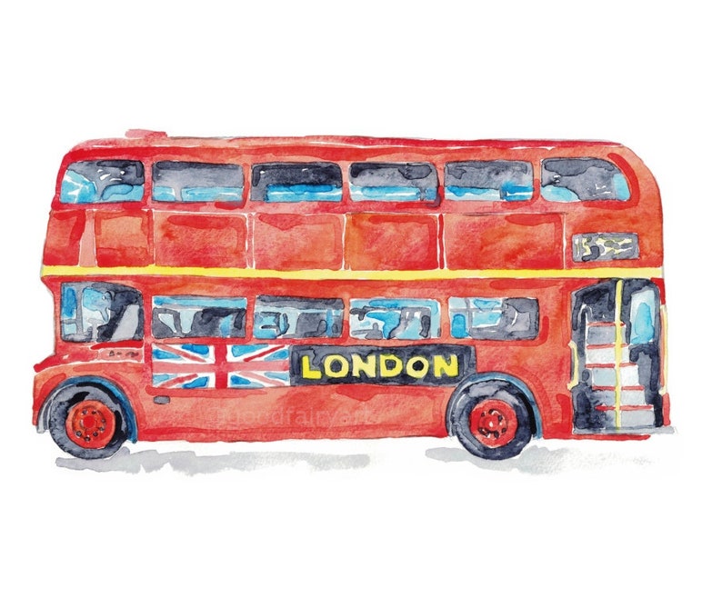 Double-decker Bus London print Red Kids room wall decor painting watercolour ink Art Illustration boy girl car vehicle Nursery Double Decker