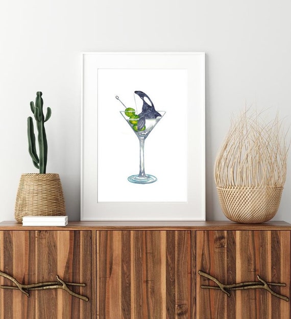 Orca Whale in Martini Glass Watercolor Painting Print Art Sea Life Nautical  Ocean Wall Poster Decor Modern Bar Kitchen Bottle Drink Killer 